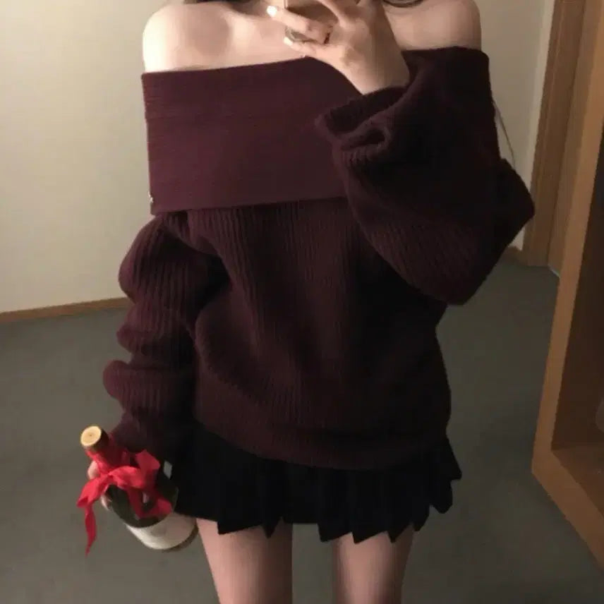 [BUNJANG] Off-shoulder Wine Knit Top / 오프숄더 니트 와인색