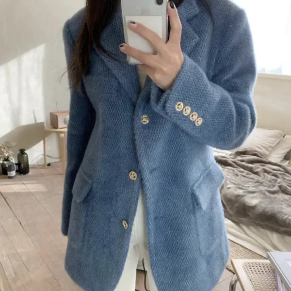[BUNJANG] Blue Tweed Gold Button Jacket / 블루 트위드 금장 자켓