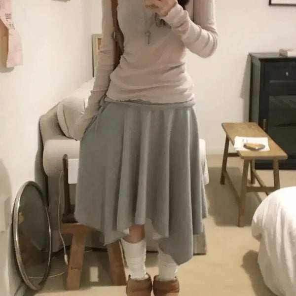 [BUNJANG] Of The Rose Fairy Flare Midi Skirt / 오브더로지 페어리 언발 플레어 미디스커트 그레이