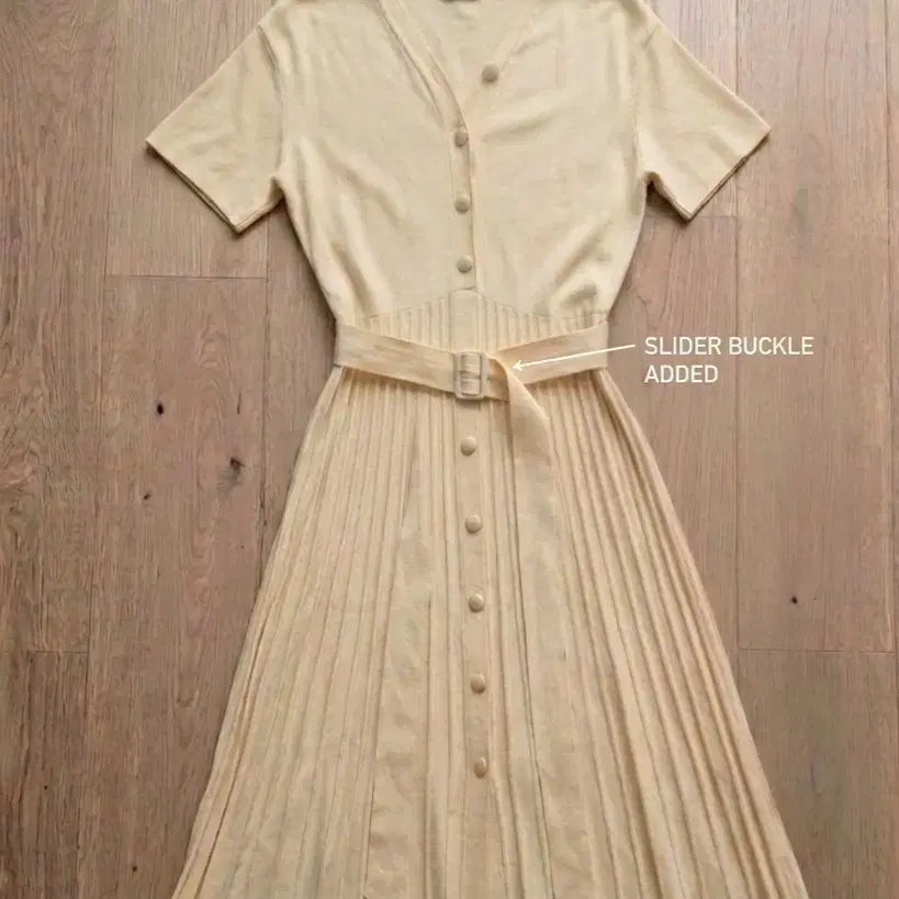 [BUNJANG] Pleated Knit Dress with Belt - Lemon Beige / 새상품 레몬 베이지 플리츠 니트 원피스 (벨트 포함)
