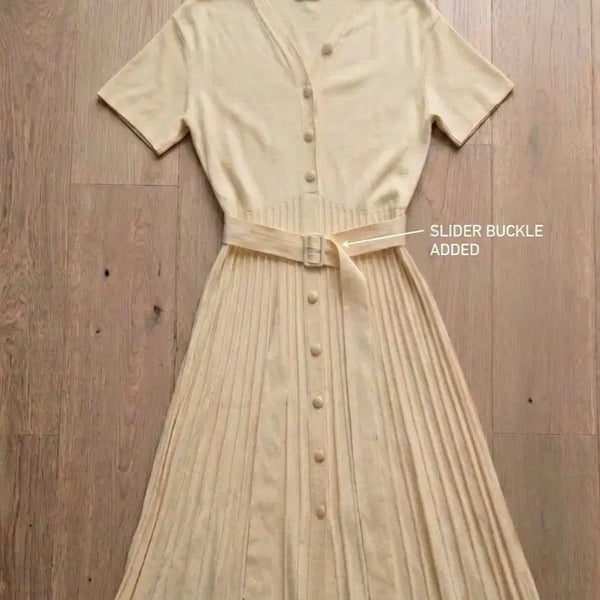 [BUNJANG] Pleated Knit Dress with Belt - Lemon Beige / 새상품 레몬 베이지 플리츠 니트 원피스 (벨트 포함)