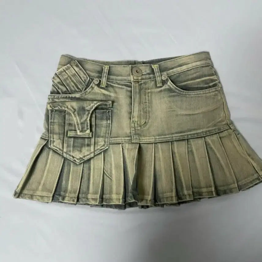 [BUNJANG] Vintage Washed Denim Pleated Mini Skirt / 빈티지 워싱 데님 플리츠 미니스커트