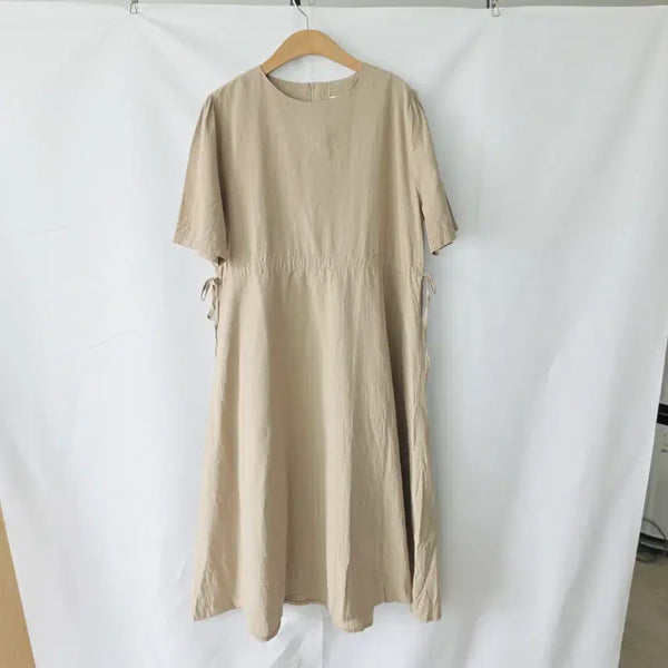 [BUNJANG] Beige Cotton Boxy Midi Dress One Size / 베이지 핫핑 반팔 면 박시한 원피스  F