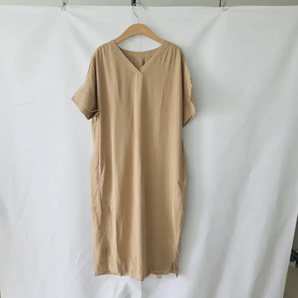 [BUNJANG] Beige V-Neck Long Dress (One Size) / 베이지 면 V 넥 롱원피스 (프리사이즈)