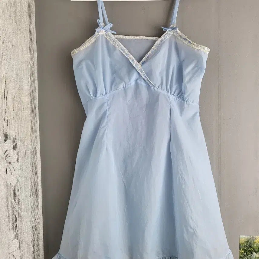 [BUNJANG] Vintage Baby Blue Slip Dress with Lace and Ribbon Detail / 빈티지 베이비 블루 나시 슬립 원피스 드레스 페어리 모리 대장템 핀터