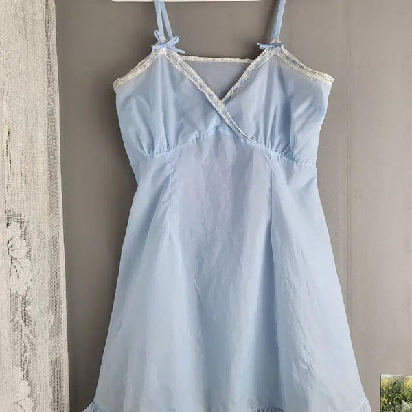 [BUNJANG] Vintage Baby Blue Slip Dress with Lace and Ribbon Detail / 빈티지 베이비 블루 나시 슬립 원피스 드레스 페어리 모리 대장템 핀터