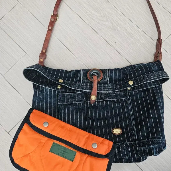 [BUNJANG] Hickory Denim Stripe Leather Shoulder Bag & Porter Force Navy Pouch / 히코리 데님 숄더백, 포터 포스 숄더백 네이비 파우치