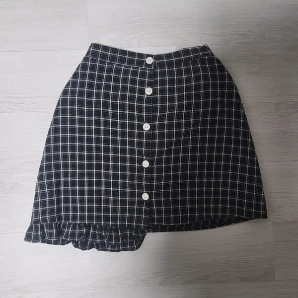 [BUNJANG] Unbranded Lace Asymmetric Button Checkered Mini Skirt / 여성 레이스 언밸런스 단추 체크 미니 스커트 봄가을 여름 치마 y2k