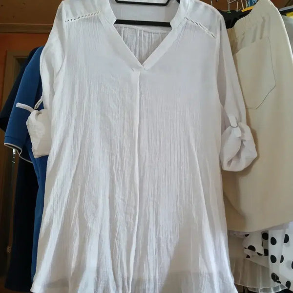 [BUNJANG] White V-Neck 7/10 Sleeve Blouse / 화이트 브이넥 7부 소매 블라우스