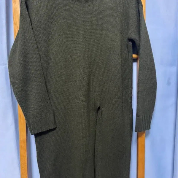 [BUNJANG] Khaki Knit Layered Long Dress with Front Slit / 앞트임 카키 니트 레이어드 롱원피스