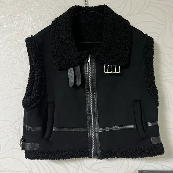 [BUNJANG] Avely Suede Sherpa Vest Black / 에이블리 스웨이드 양털 무스탕 조끼 베스트 집업 블랙