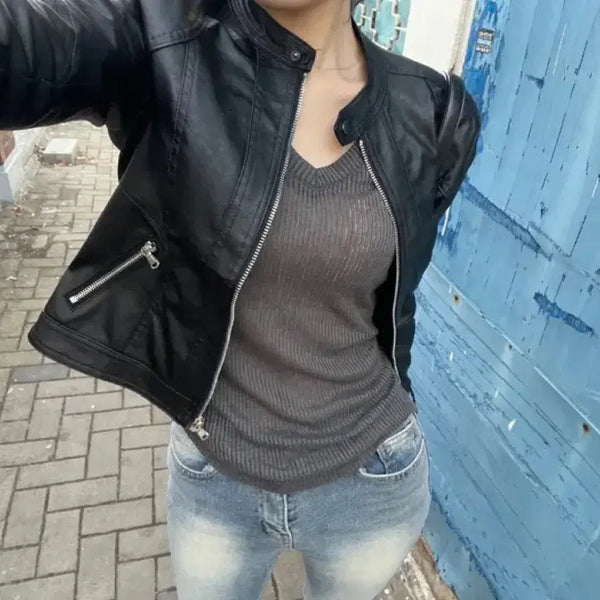 [BUNJANG] Slim Fit Leather Jacket / 슬림 레더자켓
