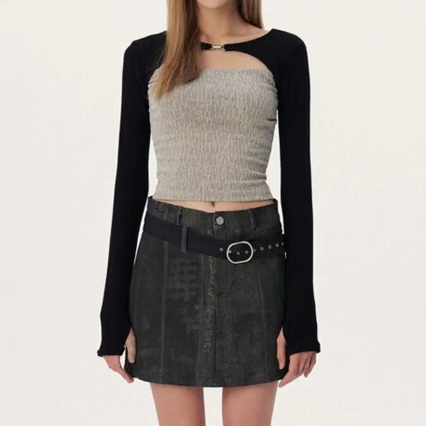 [BUNJANG] YOOZ Two-Tone Bolero Long Sleeve Cut-Out Top / 유즈 투톤 볼레로 롱 슬리브 컷 아웃 탑