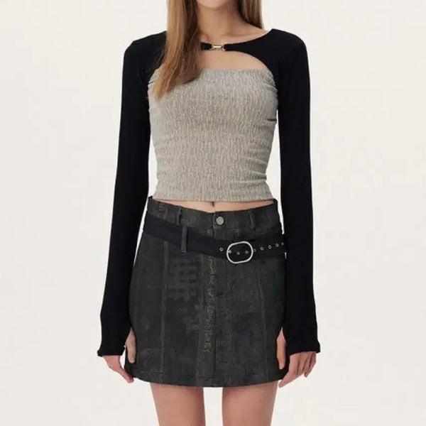 [BUNJANG] YOOZ Two-Tone Bolero Long Sleeve Cut-Out Top / 유즈 투톤 볼레로 롱 슬리브 컷 아웃 탑