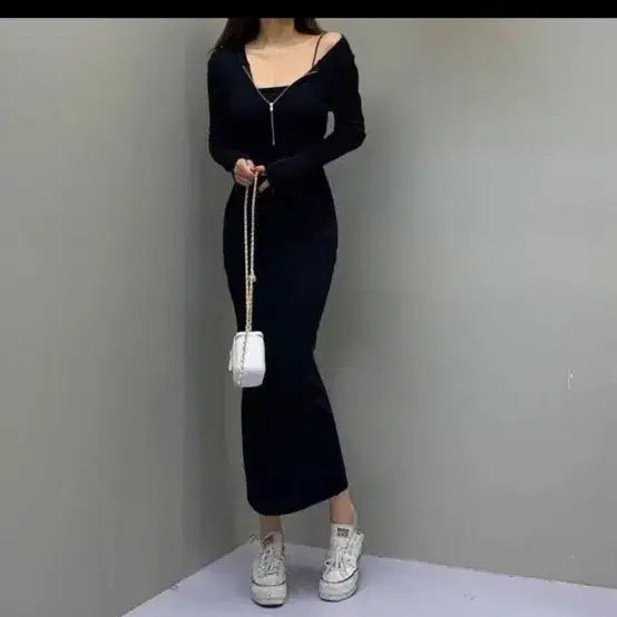 [BUNJANG] Nashoong Zipper Long Hooded Slim Mermaid Fleece Dress / 나쇼중 맥시기장 지퍼 롱 후드 슬림 머메이드 기모 원피스
