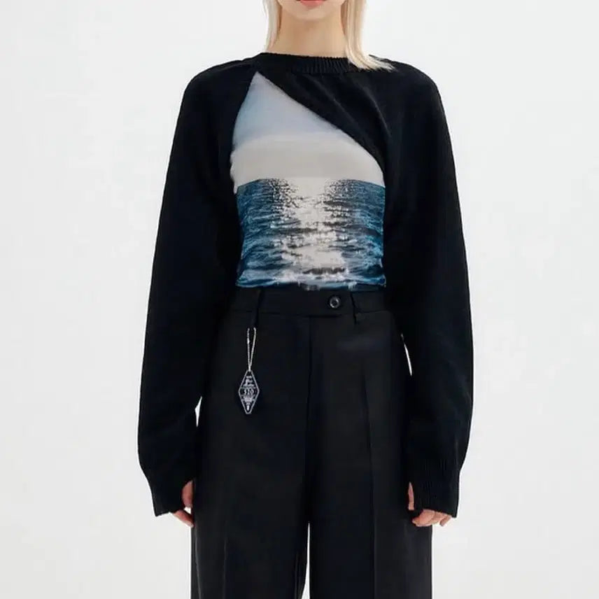 [BUNJANG] YUSE Unbalance Bolero Knit Top Black SS Ver / 유즈 언밸런스 볼레로 니트 탑 블랙 SS ver
