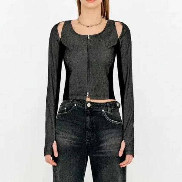[BUNJANG] YUZ Cutout Denim Two-Way Zip-Up Jacket Black / 유즈 컷아웃 데님 투웨이 집업 블랙