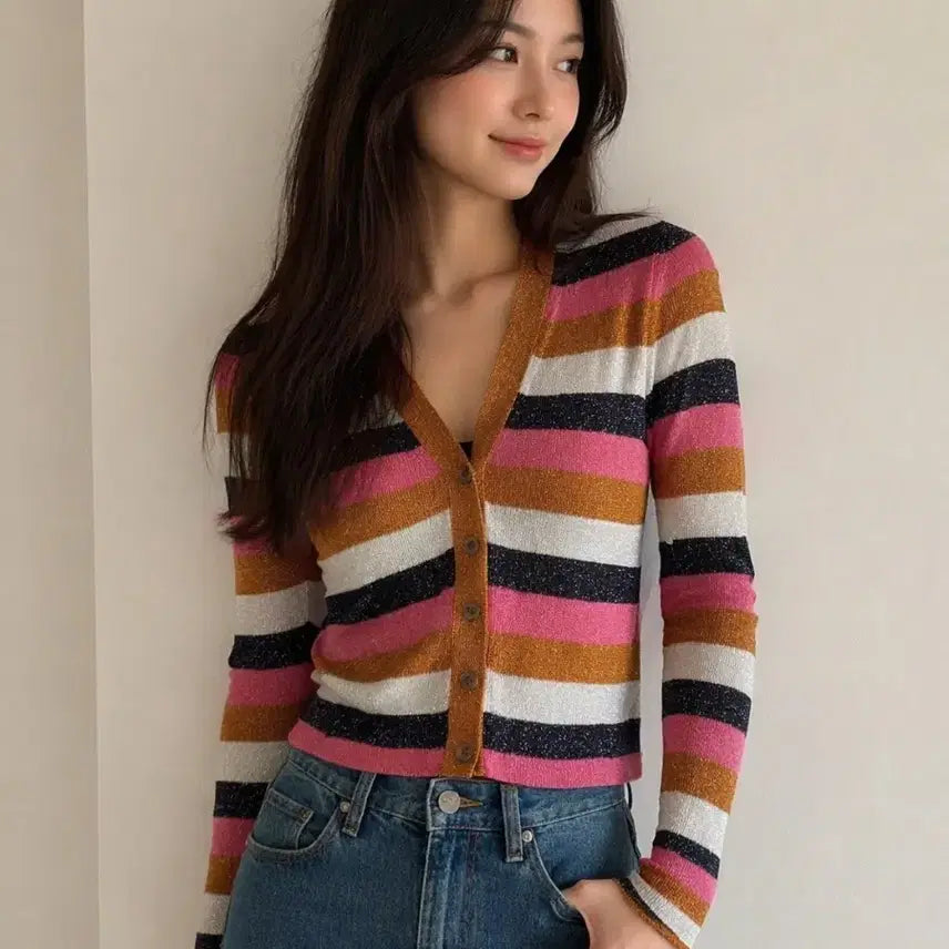 [BUNJANG] COVERT Stripe Pearl Cardigan (Slim Fit, Made in Italy) / 코베르트 스트라이프 펄 가디건 (슬림핏/이태리)44-55