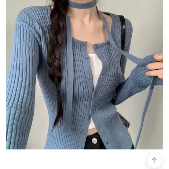 [BUNJANG] Avely Ribbed Button Cardigan and Tie Set / 에이블리 골지 단추 가디건 타이 세트(소라
