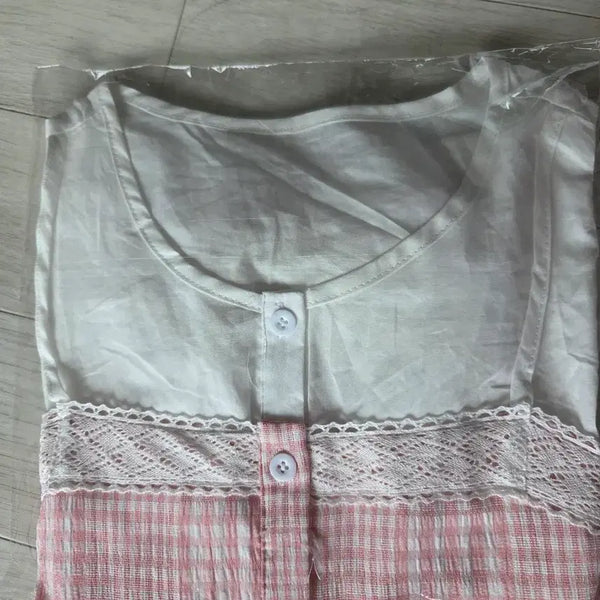 [BUNJANG] White Lace Pink Check Blouse / 화이트 레이스 핑크 체크 블라우스