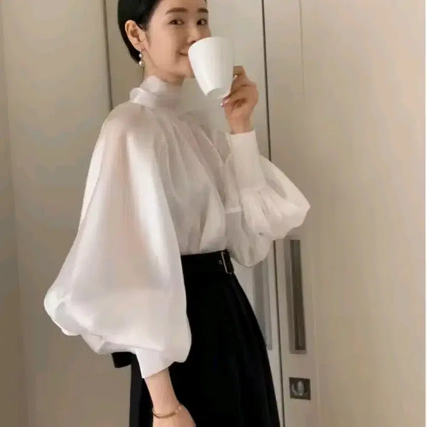 [BUNJANG] 3-Color Sheer Organza Chiffon Ribbon Tie Blouse / [3컬러/*바로배송*] 오간자 쉬폰 리본 타이 시스루 블라우스