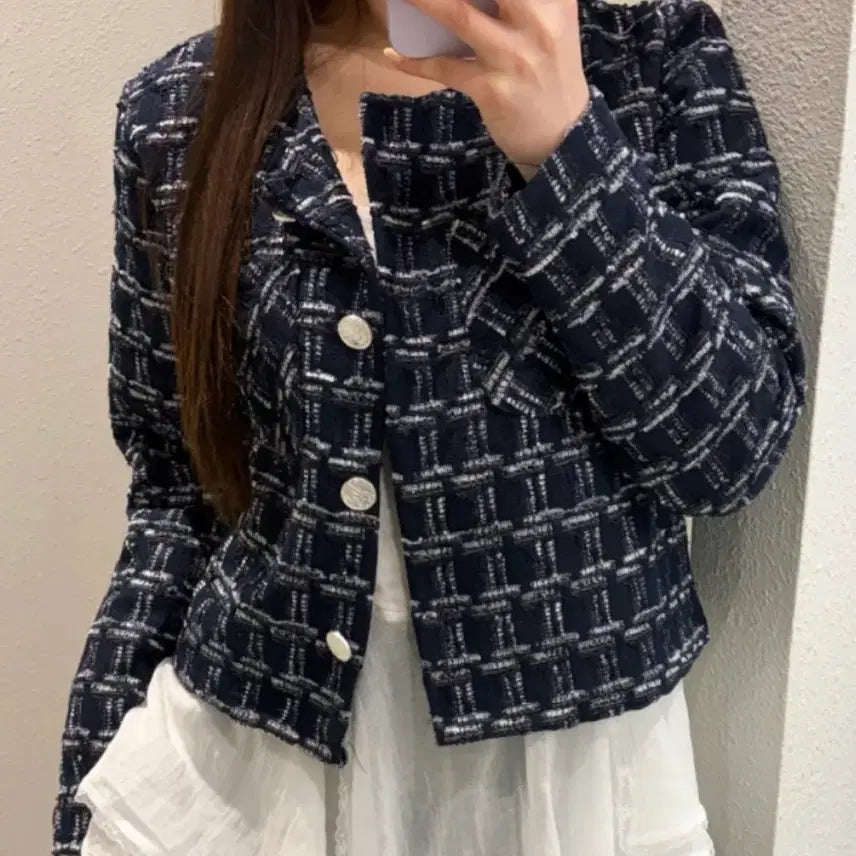 [BUNJANG] Tweed Jacket Navy / 1회착 체크 트위드 자켓 네이비