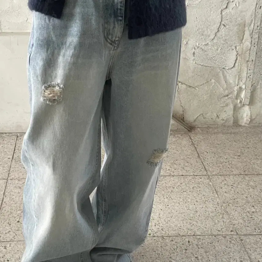 [BUNJANG] Washed Denim Wide Leg Jeans / 와이드 워싱데님