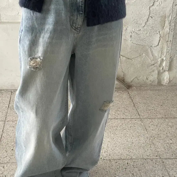 [BUNJANG] Washed Denim Wide Leg Jeans / 와이드 워싱데님