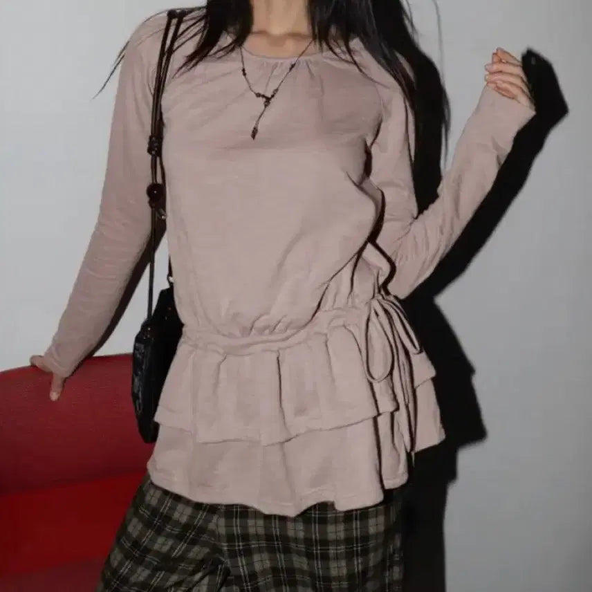 [BUNJANG] Pink Frill Blouse / 긴팔 티셔츠 프릴 블라우스