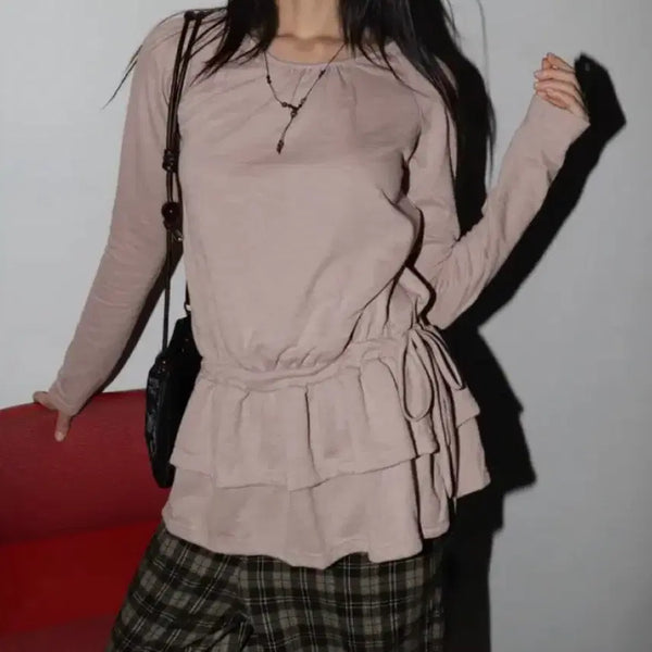 [BUNJANG] Pink Frill Blouse / 긴팔 티셔츠 프릴 블라우스