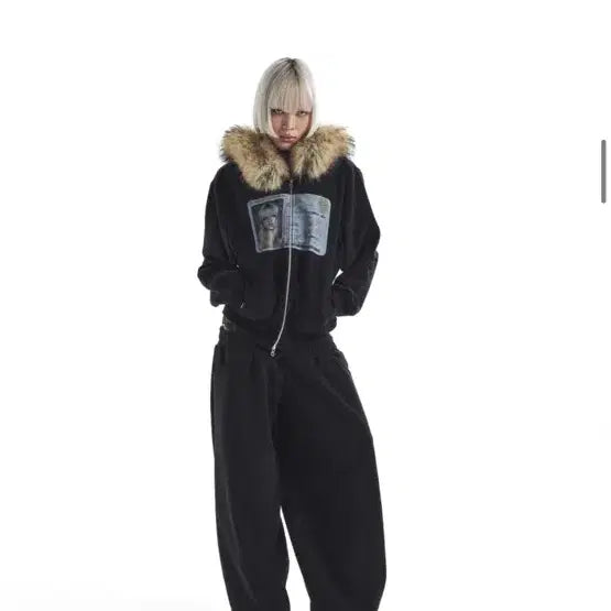 [BUNJANG] Kaiya Faux Fur Hood Zip-Up Black / 카이야 퍼 후드집업