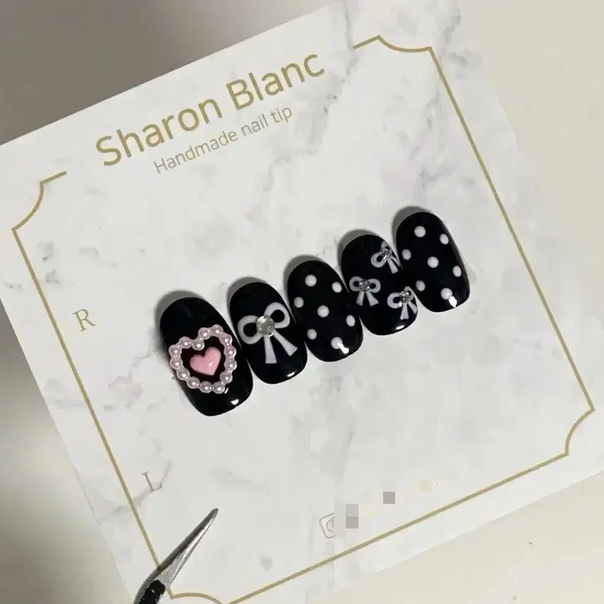 [BUNJANG] Pink Ribbon Dot Nail Tips - 15 Shapes / 핑크 리본 도트 네일팁 / 15종 쉐입