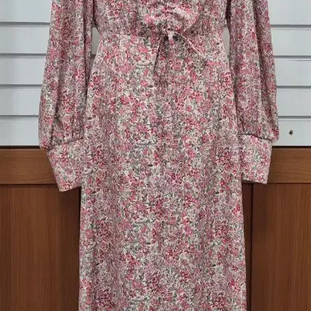 [BUNJANG] Floral Pattern Shirring String Long Dress Pink / 플라워 롱 원피스 핑크 꽃무늬 셔링끈