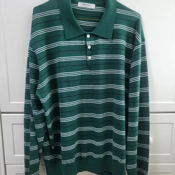[BUNJANG] 8seconds Green Stripe Long Sleeve Polo Shirt / 에잇세컨즈 그린 스트라이프 긴팔 카라티