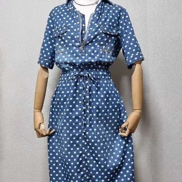 [BUNJANG] Denim Dot Pattern Long Dress / 데님 도트 반팔 롱 원피스