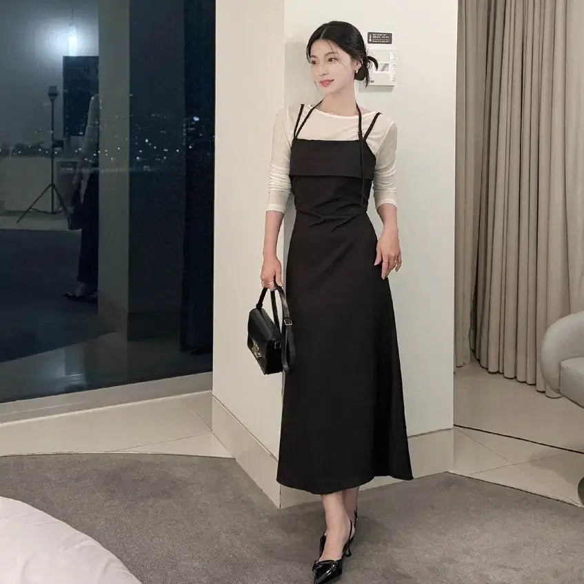 [BUNJANG] Halterneck Layered Long Dress / 홀터넥 레이어드 롱 원피스 블랙 하객룩 여성