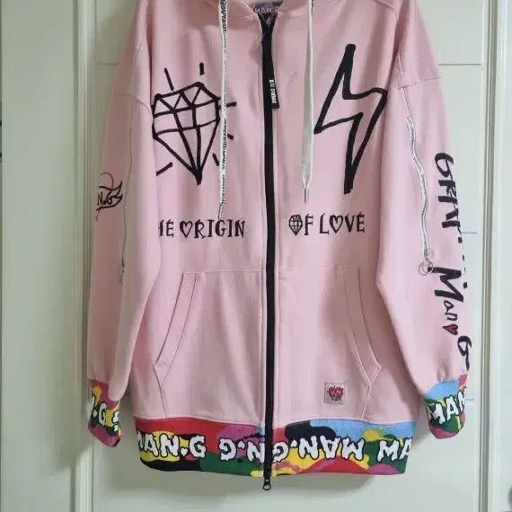 [BUNJANG] MAN.G Pink Embroidery Hoodie Zip-up / MAN.G 핑크 자수 후드집업