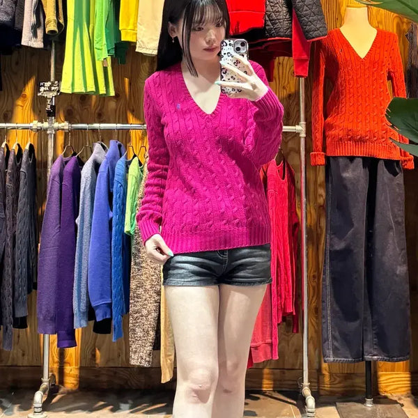 [BUNJANG] Polo Ralph Lauren Deep Pink V-Neck Cable Knit Sweater M / M 폴로랄프로렌 딥핑크 브이넥 케이블 니트