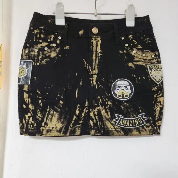[BUNJANG] Patch Mini Denim Skirt (Size S/27) / 패치 블랙 미니 데님 스커트 치마 S(27)