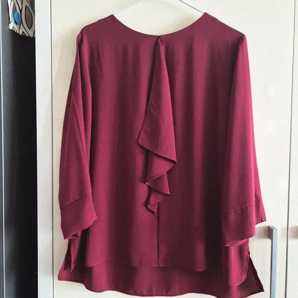 [BUNJANG] Wine Red 3/4 Sleeve Frill Blouse / 와인색 7부 프릴  블라우스