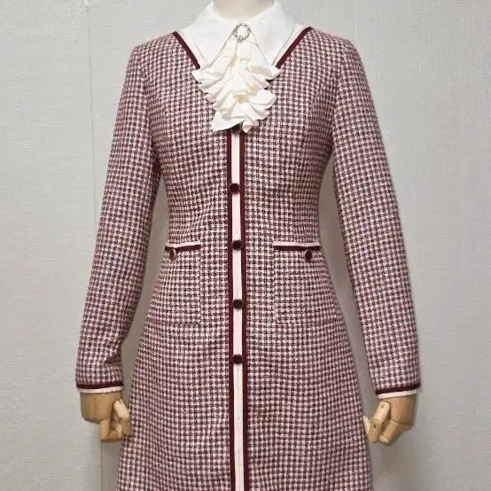[BUNJANG] Kenneth Lady Red & Black Check Pattern Midi Dress with Silver Thread / 케네스 레이디 원피스