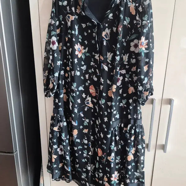 [BUNJANG] Black Flower Pattern Chiffon Dress / 블랙 플라워 패턴 쉬폰 원피스