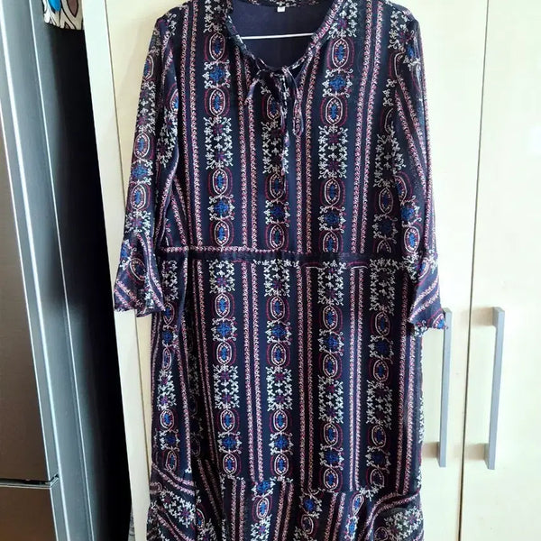 [BUNJANG] Patterned Long Dress with Frill Detail / 패턴 롱 원피스 프릴 장식