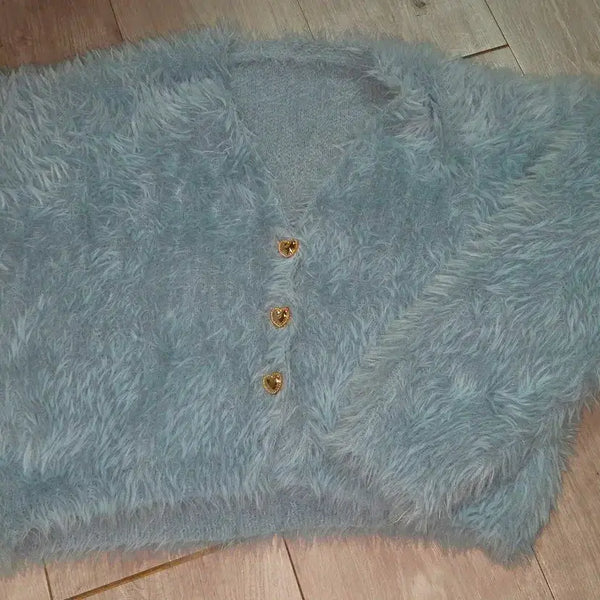 [BUNJANG] Sky Blue Faux Fur Cropped Cardigan with Heart Buttons / 하늘색 퍼 숏가디건 하트 단추