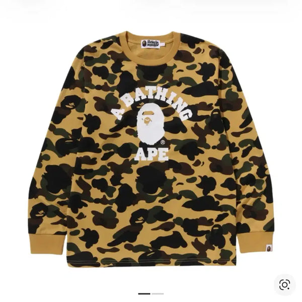 [BUNJANG] A BATHING APE First Camo College Long Sleeve T-Shirt Yellow / 베이프 퍼스트 카모 컬리지 롱슬리브 티셔츠 옐로우 맨투맨 L