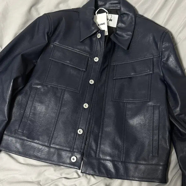 [BUNJANG] Allen TRUCKER Faux Leather Jacket Navy / 알렌느 TRUCKER FAUX LEATHER JACKET NAVY 1사