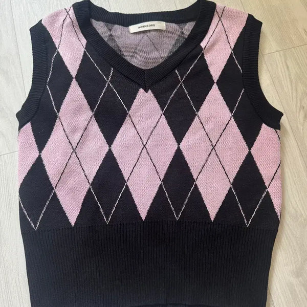 [BUNJANG] Pink Argyle Check Knit Vest / [하이틴/프레피] 핑크 아가일 체크 니트 조끼 베스트