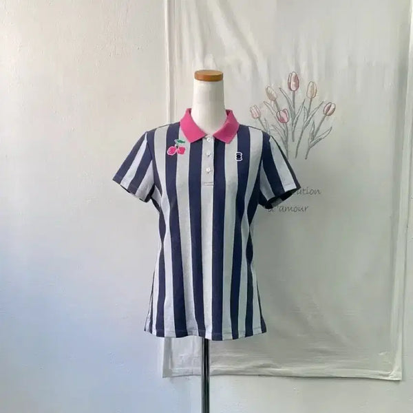 [BUNJANG] Wide Angle Cherry Embroidery Striped Short Sleeve Polo T-Shirt / 2회착용-와이드앵글 앵두자수 스트라이프 반팔 카라티
