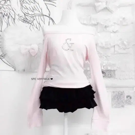[BUNJANG] Pinky & Dianne Pink Off-Shoulder Long Sleeve Top Vintage / 핑키앤다이앤 오프숄더 슬리브 핑크 빈티지