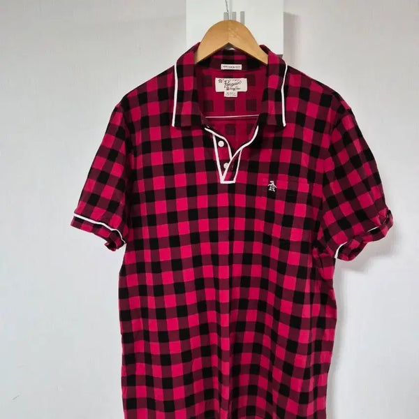 [BUNJANG] Penguin Plaid Short-Sleeve T-Shirt Red/Black XL / 펭귄 Red/Black 체크 반팔 티셔츠 xl